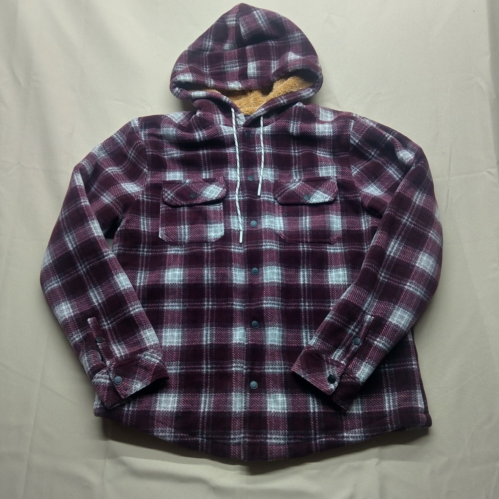 Aeropostale Mens Plaid Hooded Flannel Shirt Jacket Sherpa Lined Burgundy Large